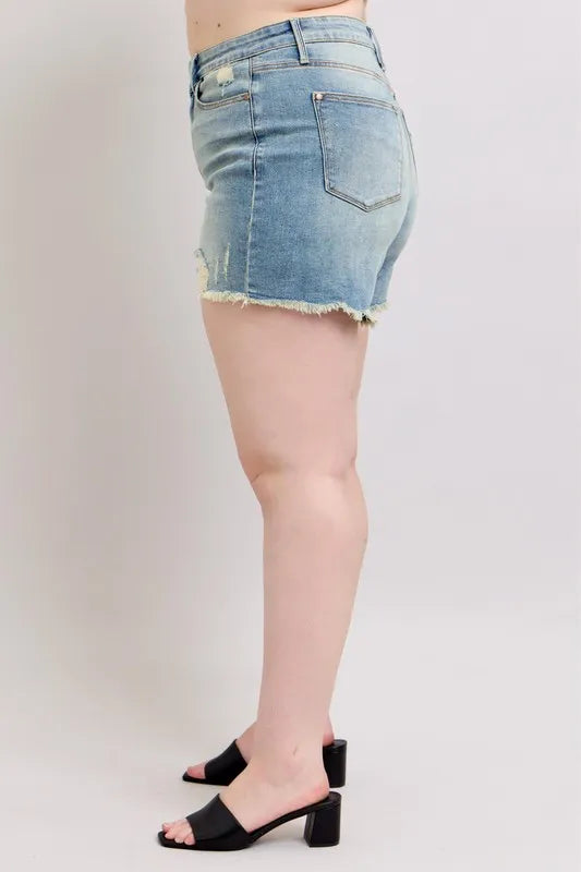 Judy Blue Plus Size High Rise Washed Fly Stitch Detail and Destroy Denim Shorts Creative Chaos Boutique