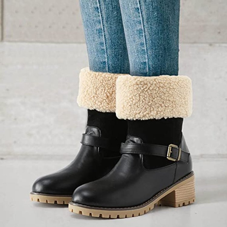 Women's Buckle Chunky Heel Western Boots | Warm Winter Round-Toe Mid Boots Sarah Express