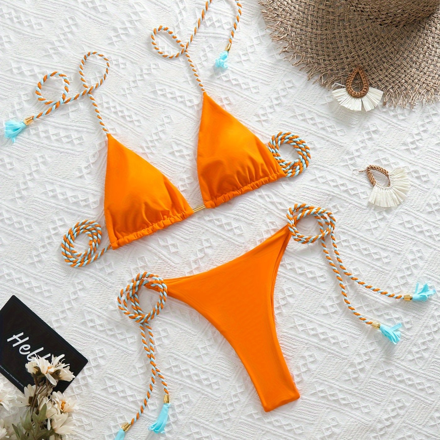 New Festival Flame Halter Bikini Set for Women – Triangle V-Neck Backless Two-Piece Swimsuit with Tie Side Bottoms & Adjustable Lace-Up Fit – Sleek Polyamide Swimwear for Koningsdag/King’s Day & Summer Beach Celebrations Stevvex