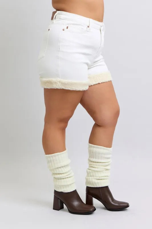 Judy Blue Full Size High Waist Shearling Cuff Denim Shorts Plus Size Selvanelle