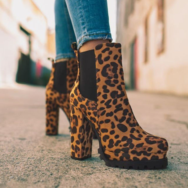 Women's Round-Toe Ankle Boots | Suede Leopard Print Square Thick High Heel Sarah Express