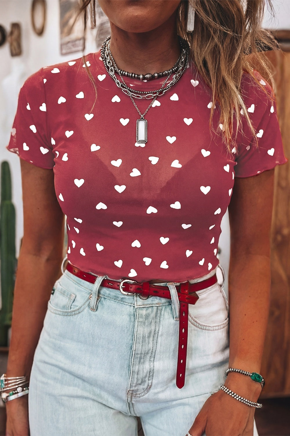 Sheer Heart Print Fitted Top Shopimist