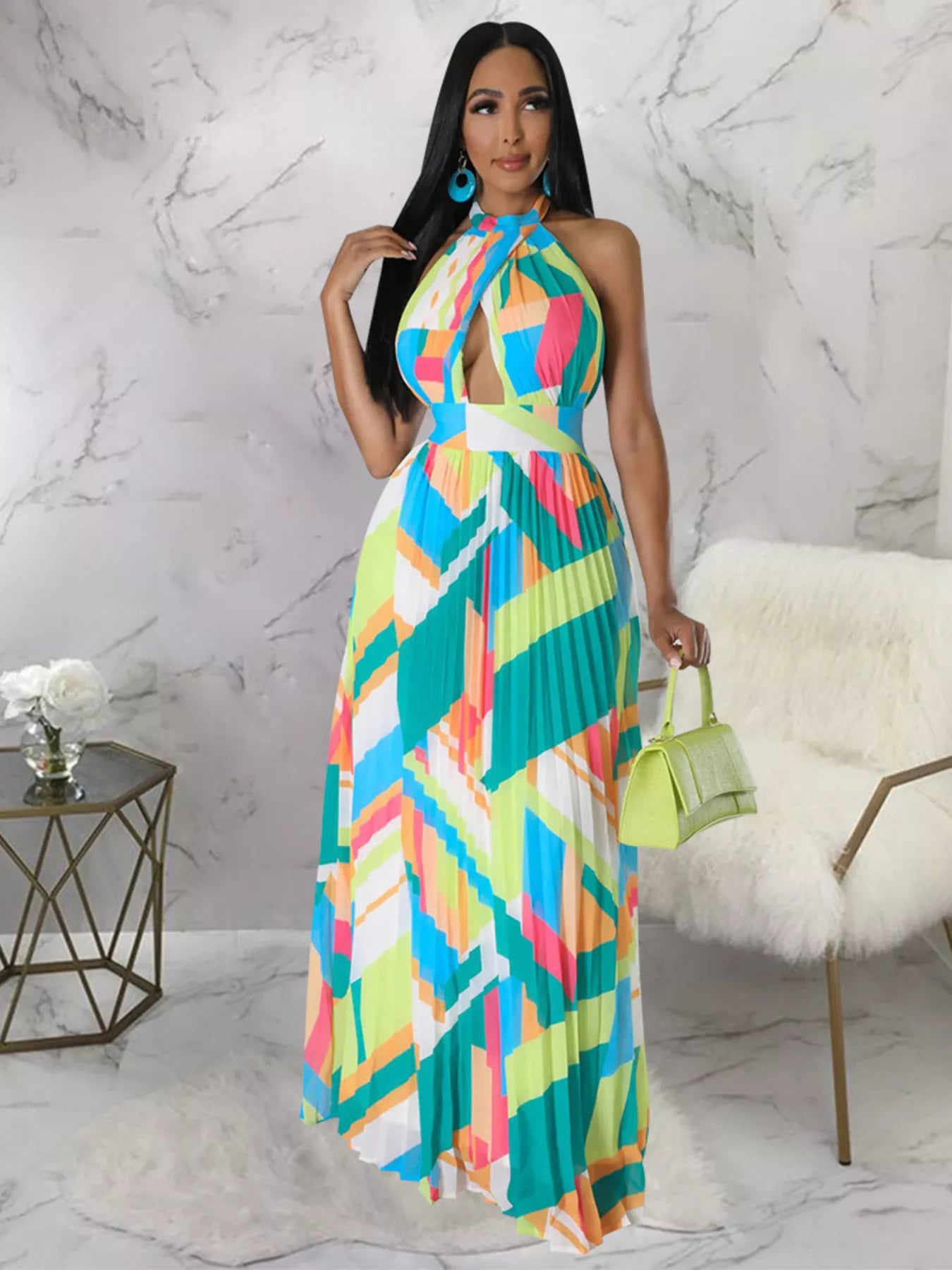 Halter Neck Geometric Print Pleated Maxi Dress Shopimist