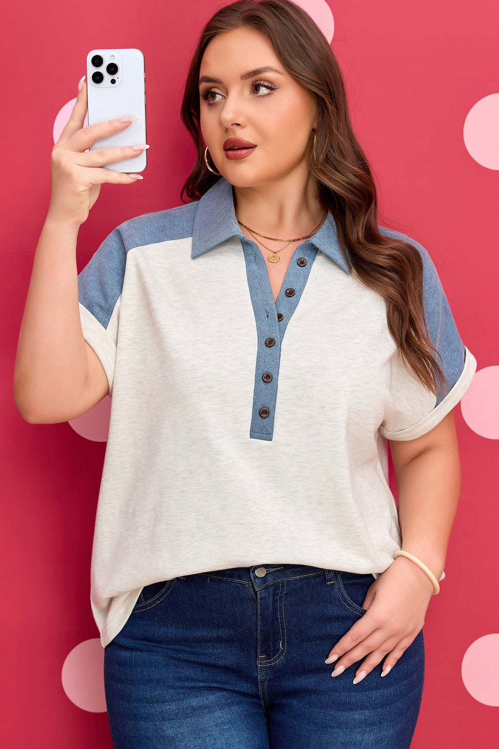 Beige Plus Size Contrast Denim Patchwork Cuffed Sleeve Polo Tee I am a Fashion Junky