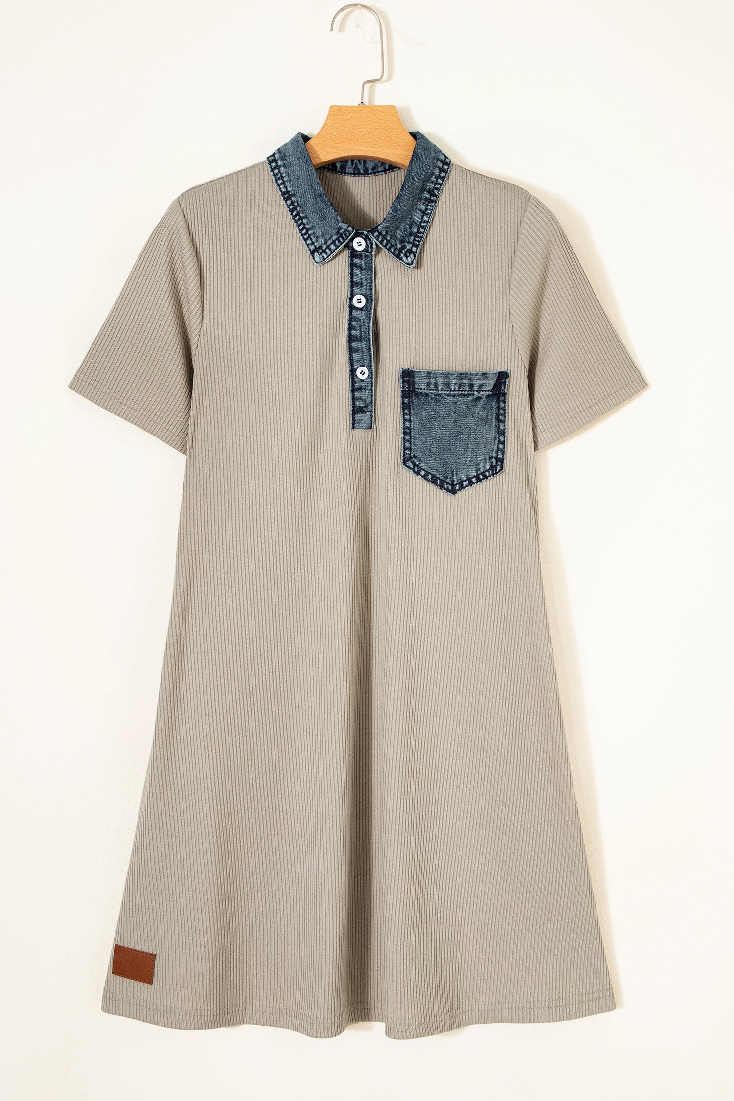 Beige Short Sleeve Ribbed Knit Denim Patchwork Polo Collar Dress I am a Fashion Junky