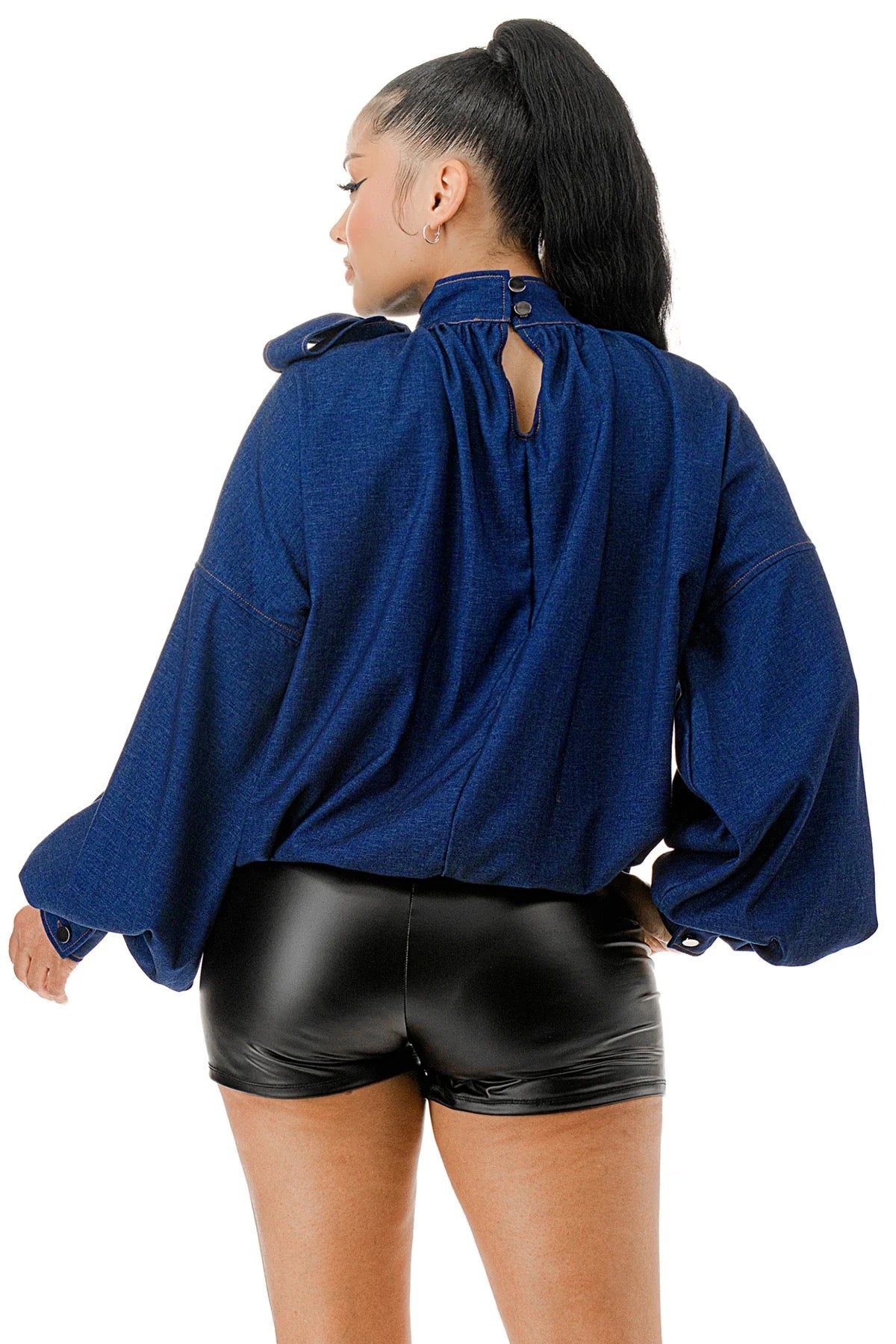 Mock Neck with Tie Puff Long Sleeve Bubble Hem Denim Blouse Top {fits oversized} The House of Stylez