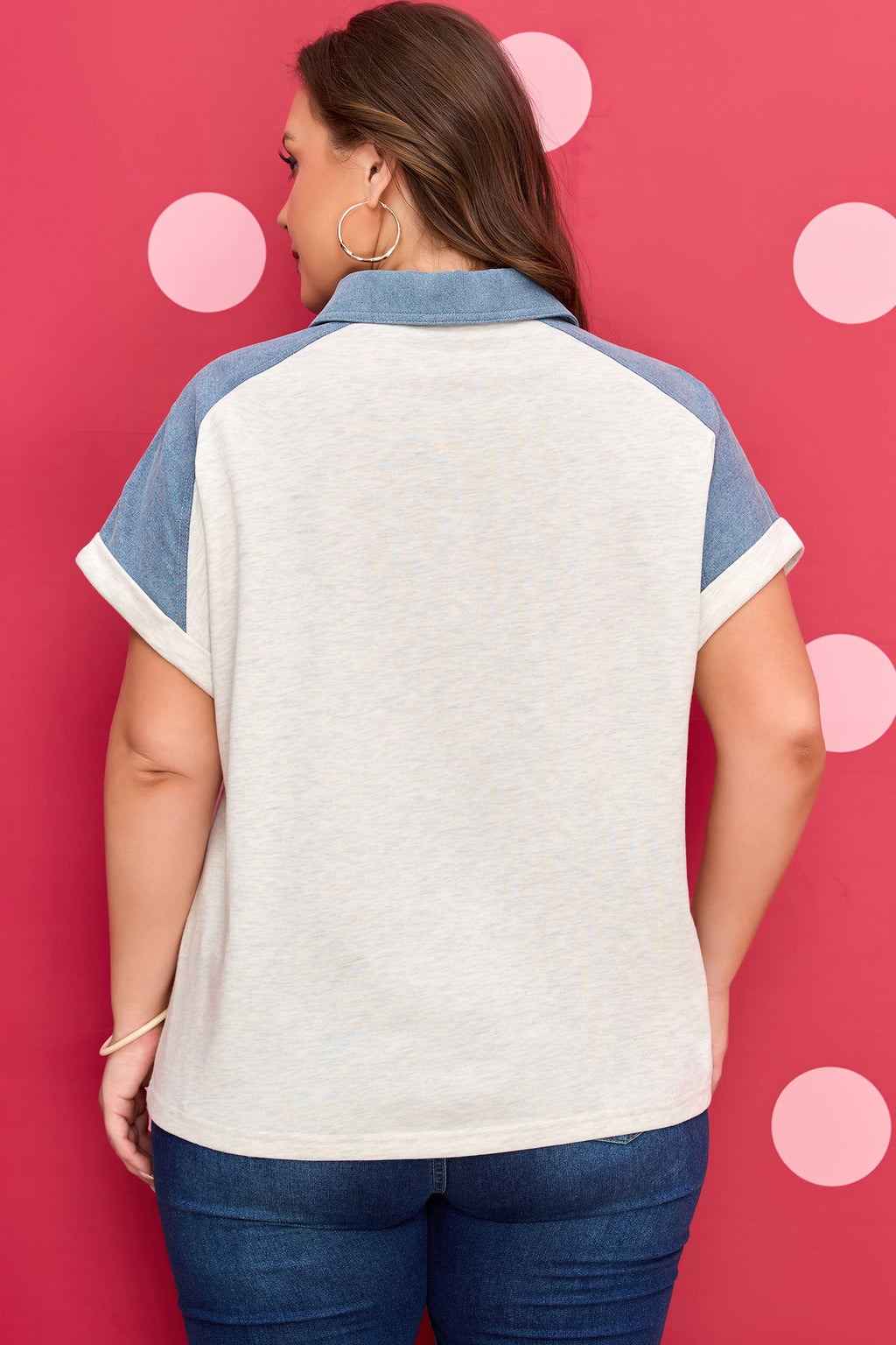 Beige Plus Size Contrast Denim Patchwork Cuffed Sleeve Polo Tee I am a Fashion Junky