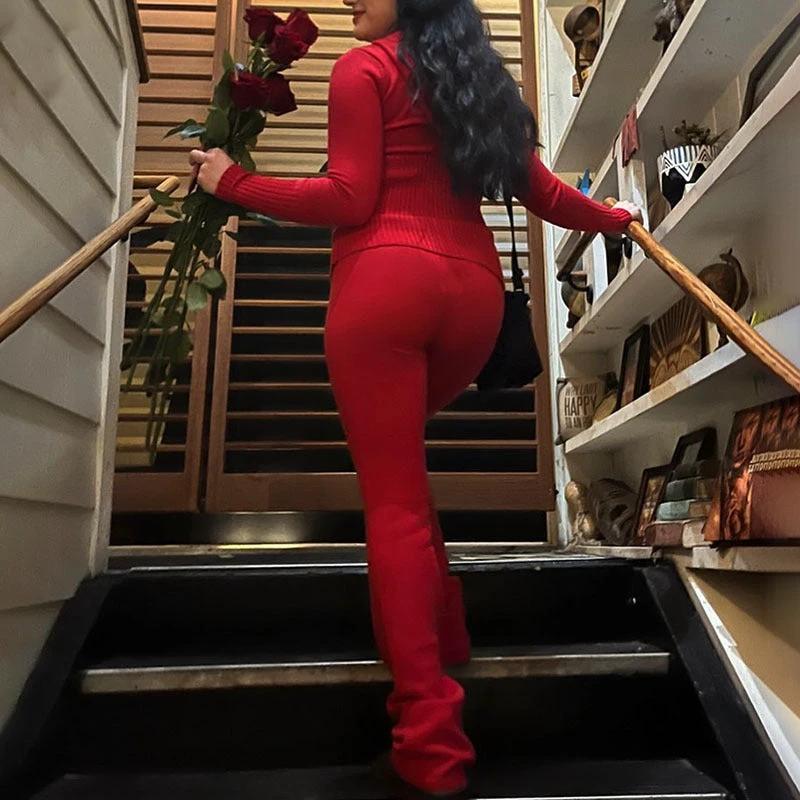 Hoodie Suit Women Leisure Sexy Zip Long Sleeve Sweater And High Waist Long Pants Set MANDOTOS
