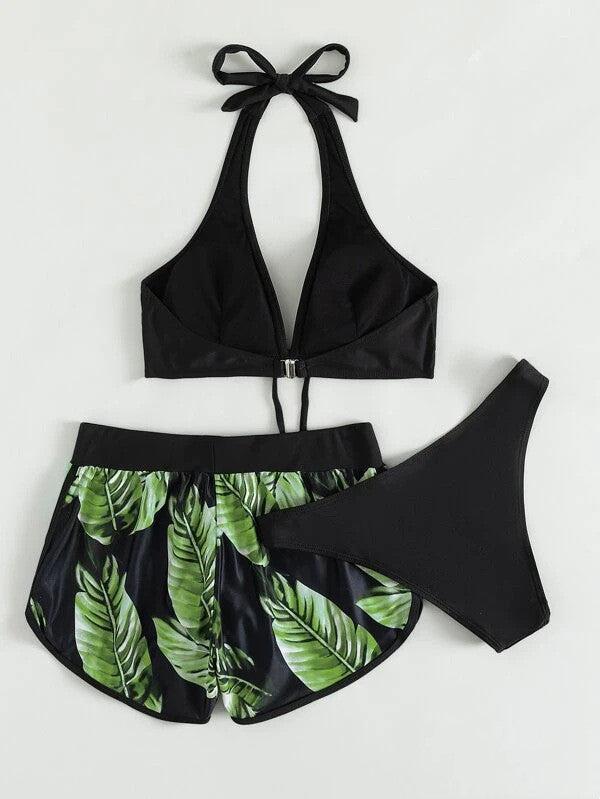 3pcs Leaf Print Bikini With Shorts Fashion Summer Beach Swimsuit Womens Clothing FLIPSTYLEZLLC