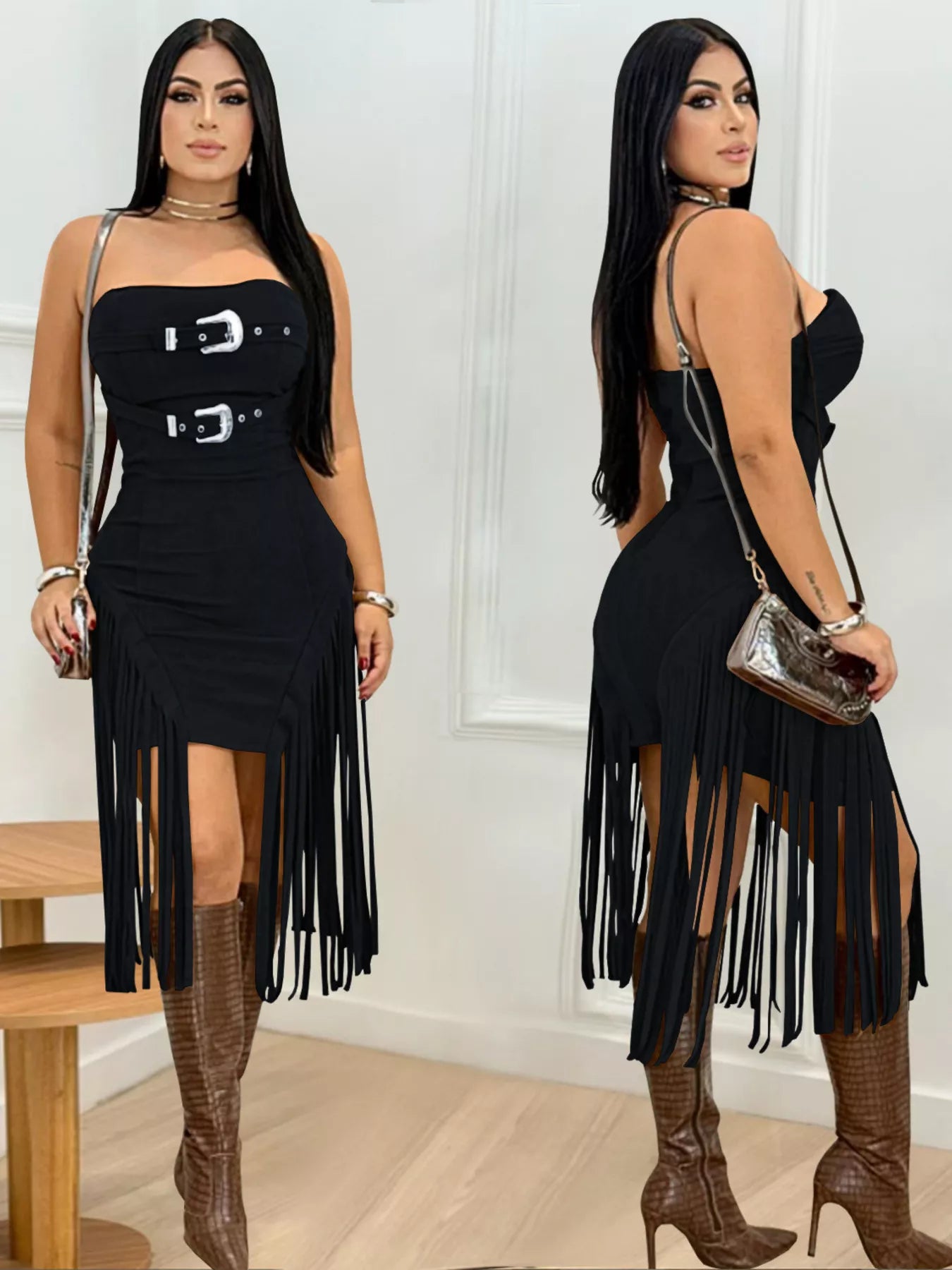 Buckle Detail Fringe Hem Bodycon Dress Shopimist