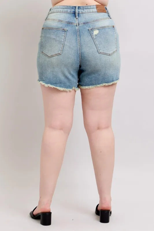 Judy Blue Plus Size High Rise Washed Fly Stitch Detail and Destroy Denim Shorts Creative Chaos Boutique