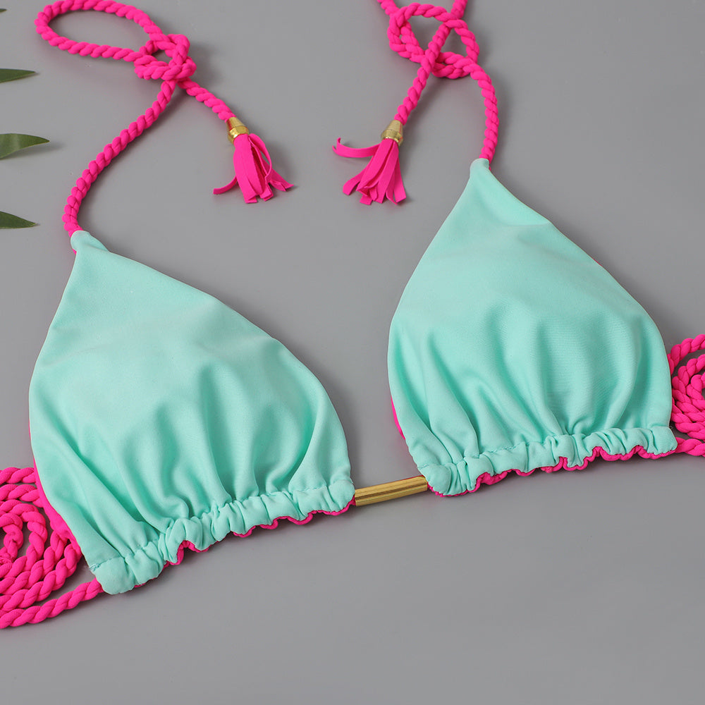 New Festival Flame Halter Bikini Set for Women – Triangle V-Neck Backless Two-Piece Swimsuit with Tie Side Bottoms & Adjustable Lace-Up Fit – Sleek Polyamide Swimwear for Koningsdag/King’s Day & Summer Beach Celebrations Stevvex
