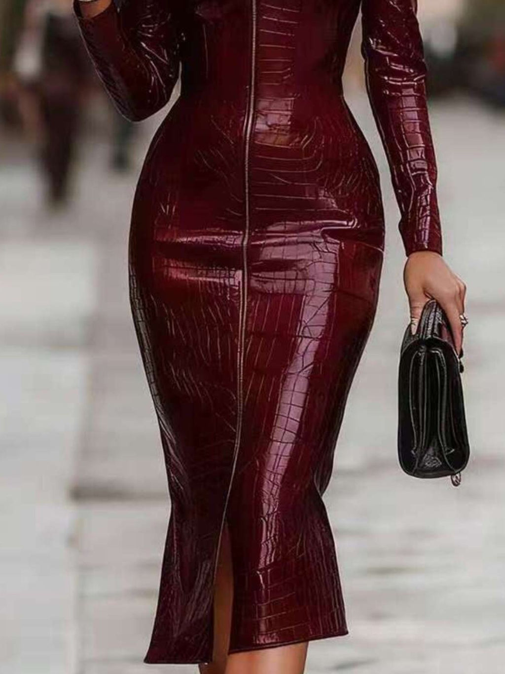 Full Size Crocodile Embossed Zipper Front Bodycon Midi Dress Plus Size Shopimist