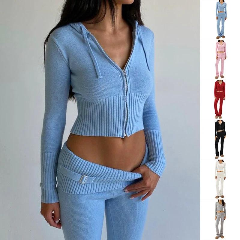 Hoodie Suit Women Leisure Sexy Zip Long Sleeve Sweater And High Waist Long Pants Set MANDOTOS