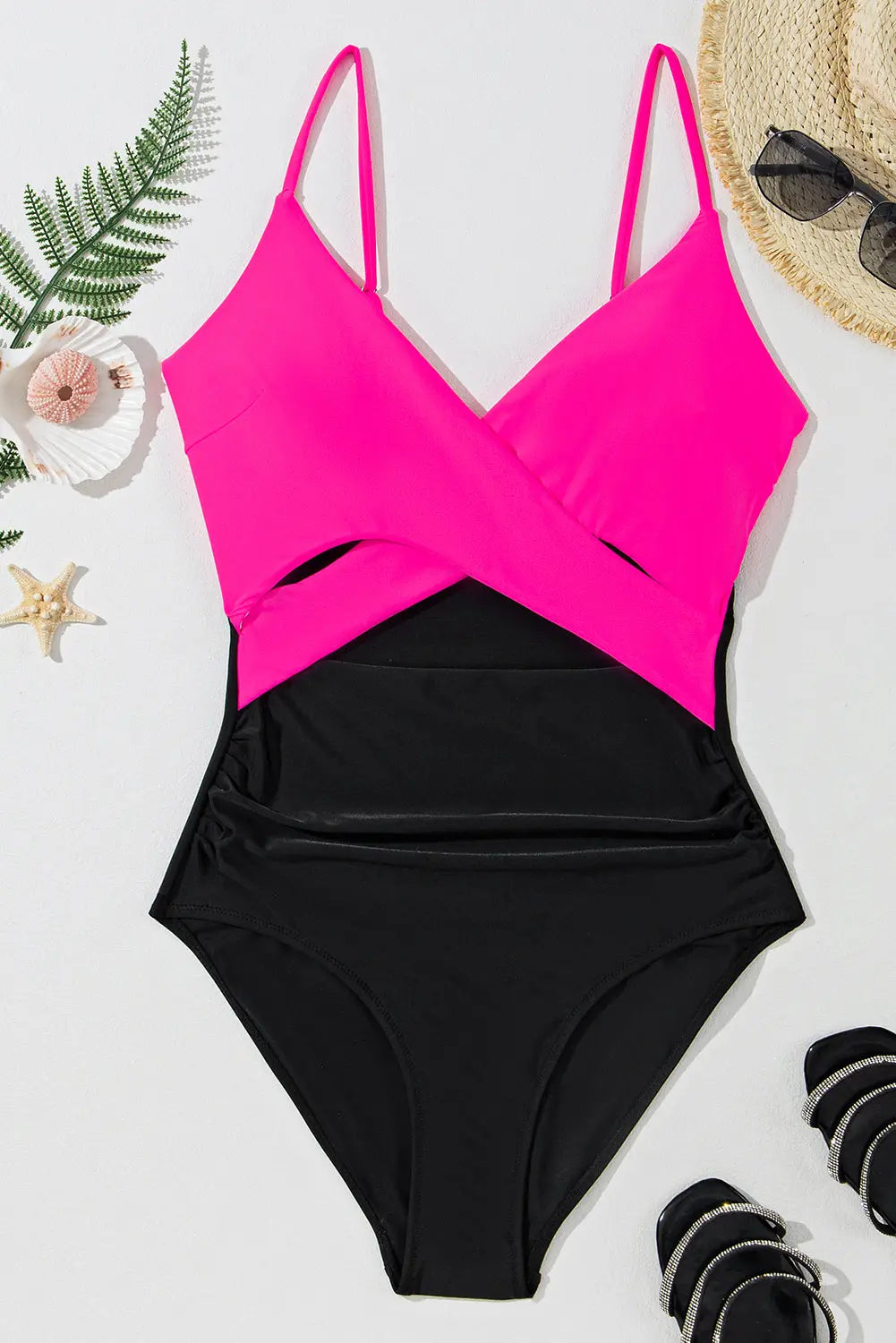 Rose Red Two-tone Colorblock Cutout One Piece Swimsuit Wild and Free Boutique