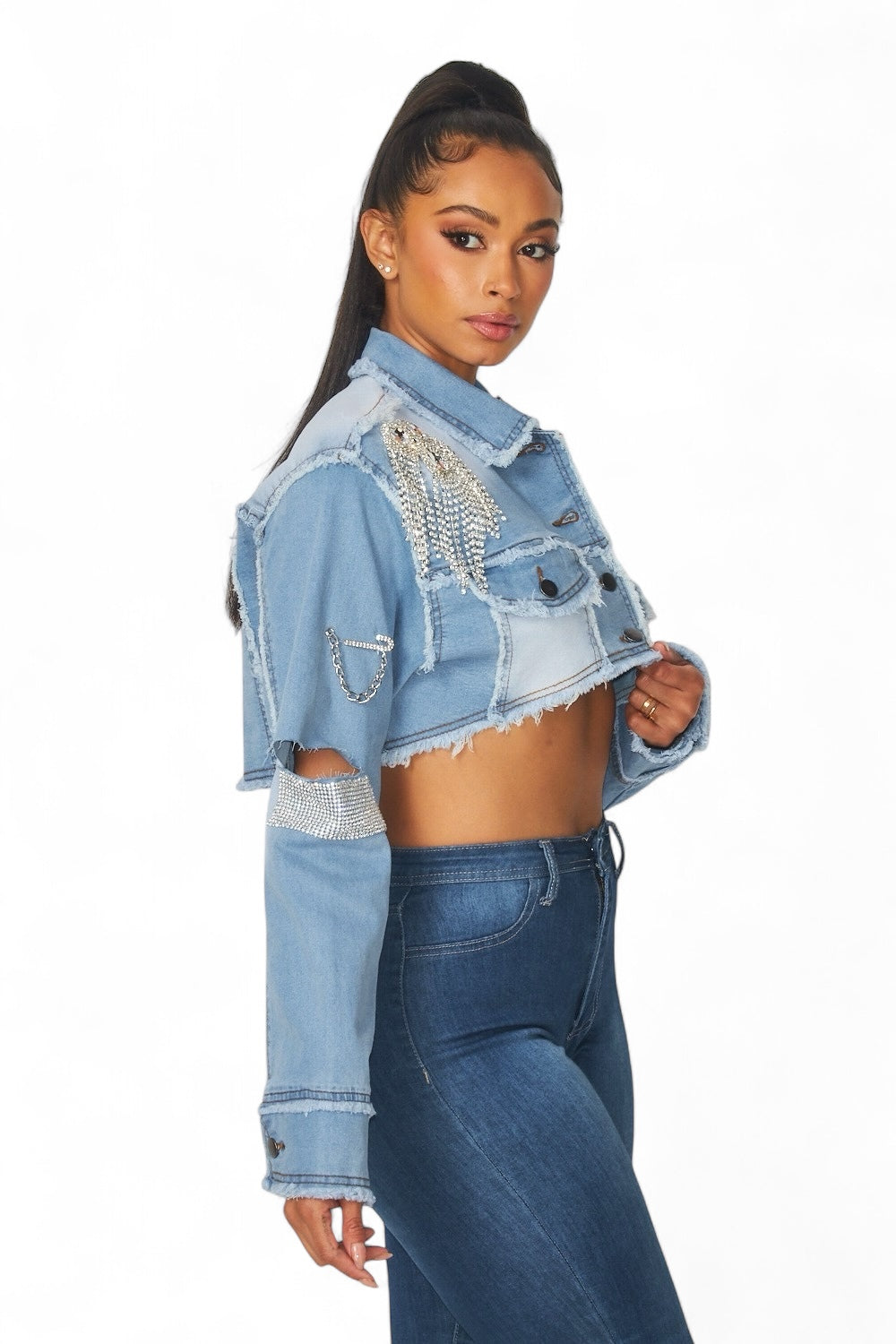 Medley Rhinestone Detail Crop Denim Jean Jacket The House of Stylez