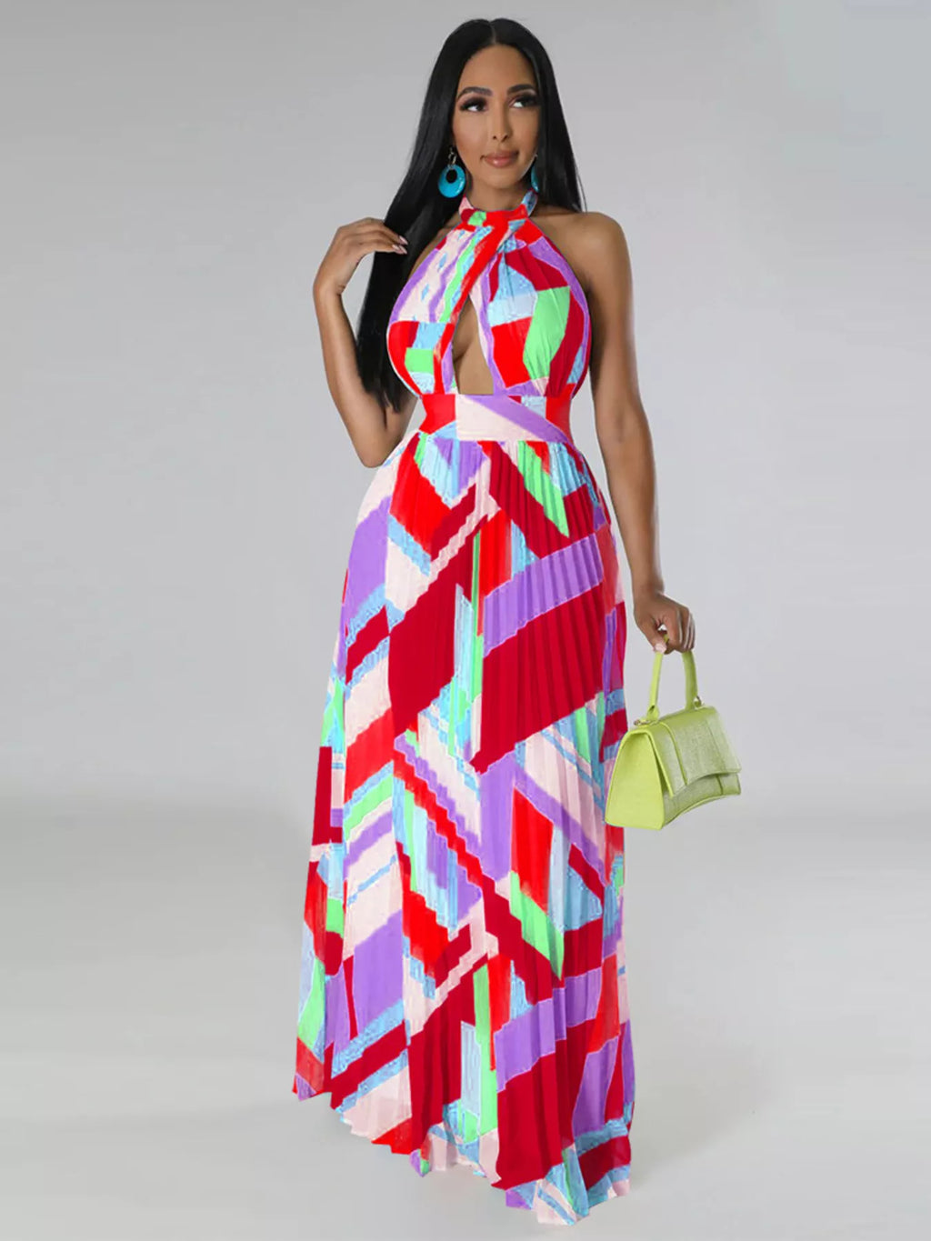 Halter Neck Geometric Print Pleated Maxi Dress Shopimist