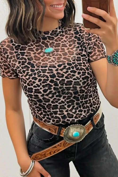 IN THE WILD ANIMAL PRINT MESH SHORT SLEEVE TOP WESTERN STYLIN'