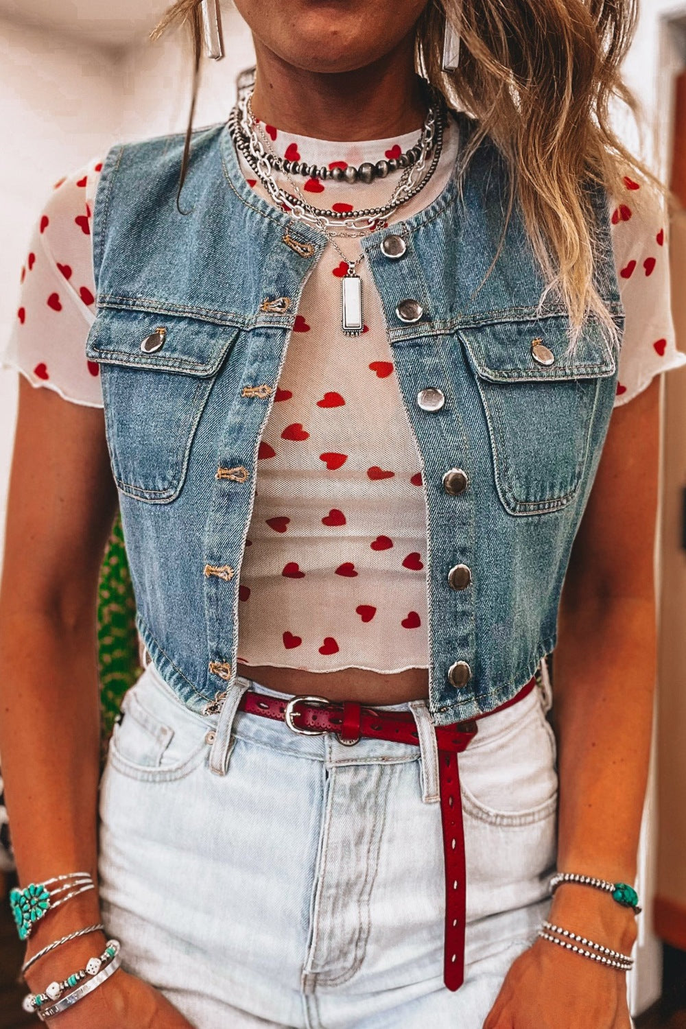 Sheer Heart Print Fitted Top Shopimist