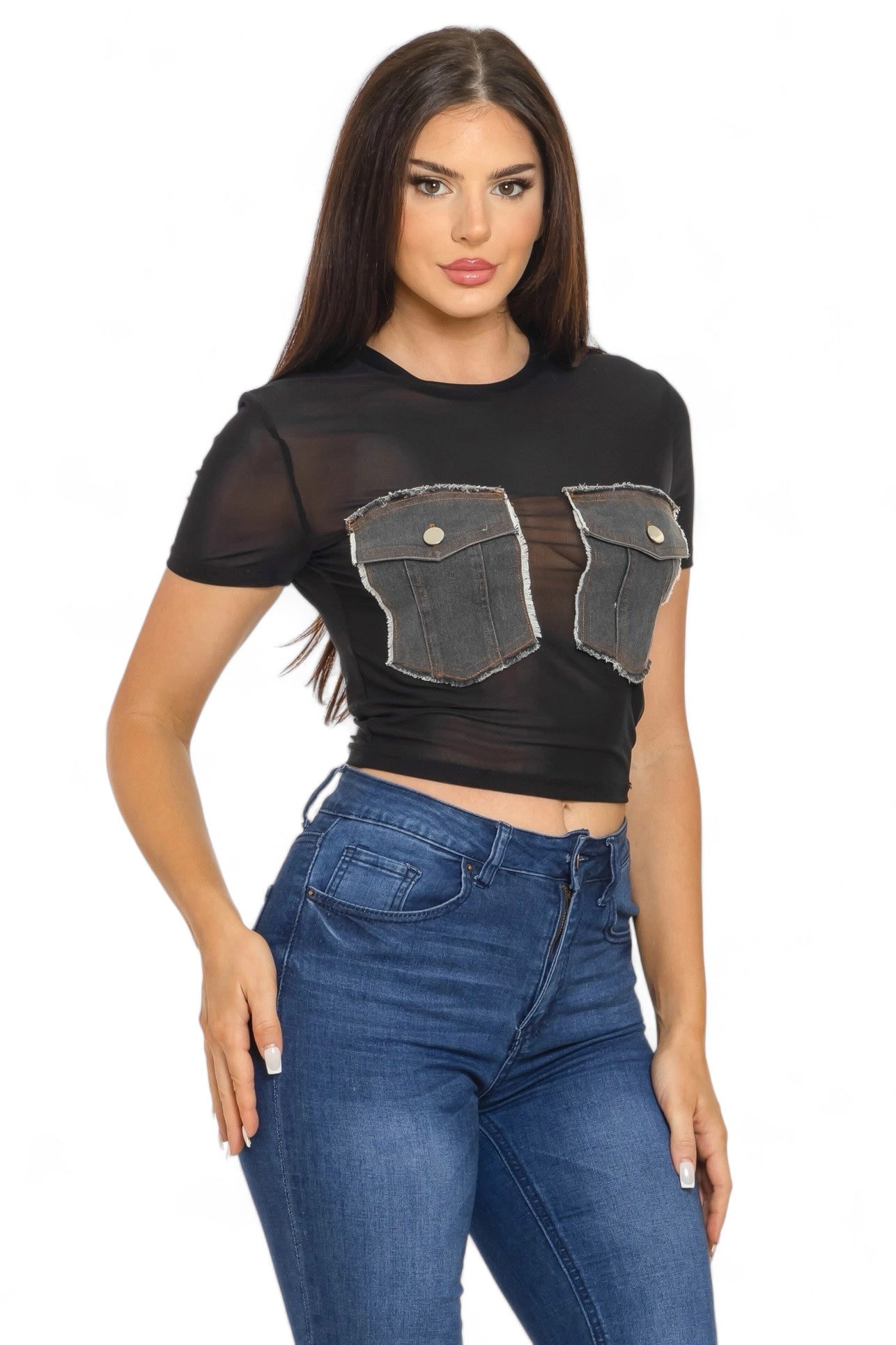 Mesh Front Denim Distressed Button Pockets Top {See Thru} The House of Stylez