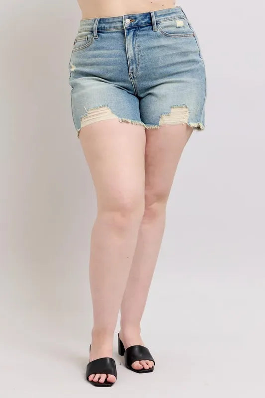 Judy Blue Plus Size High Rise Washed Fly Stitch Detail and Destroy Denim Shorts Creative Chaos Boutique