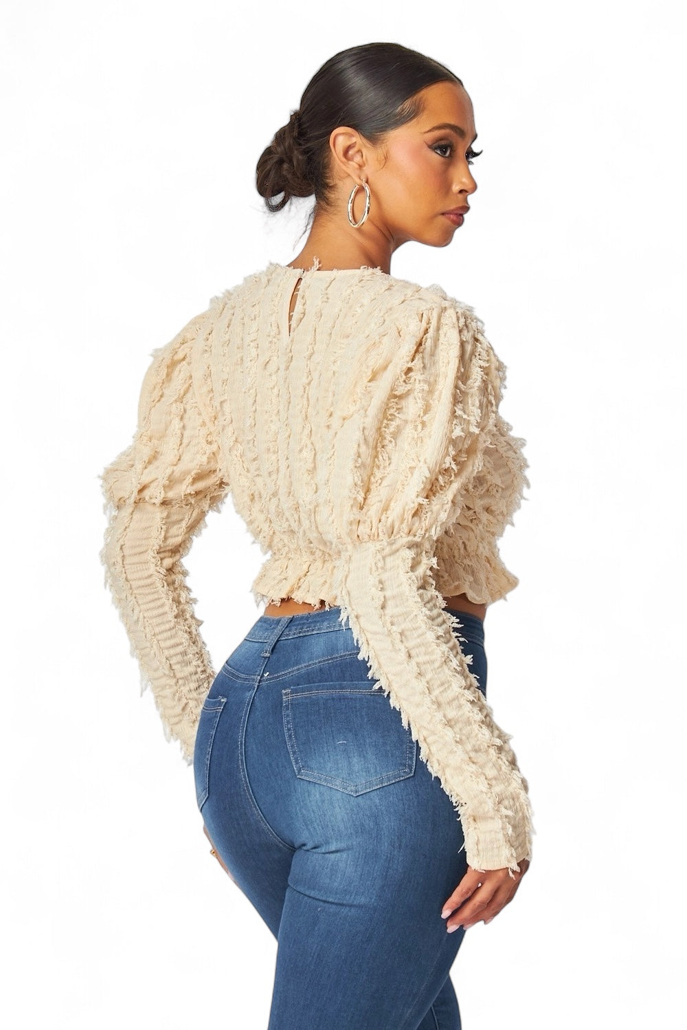 Alexandria Puff Long Sleeve Shaggy Peplum Crop Top The House of Stylez
