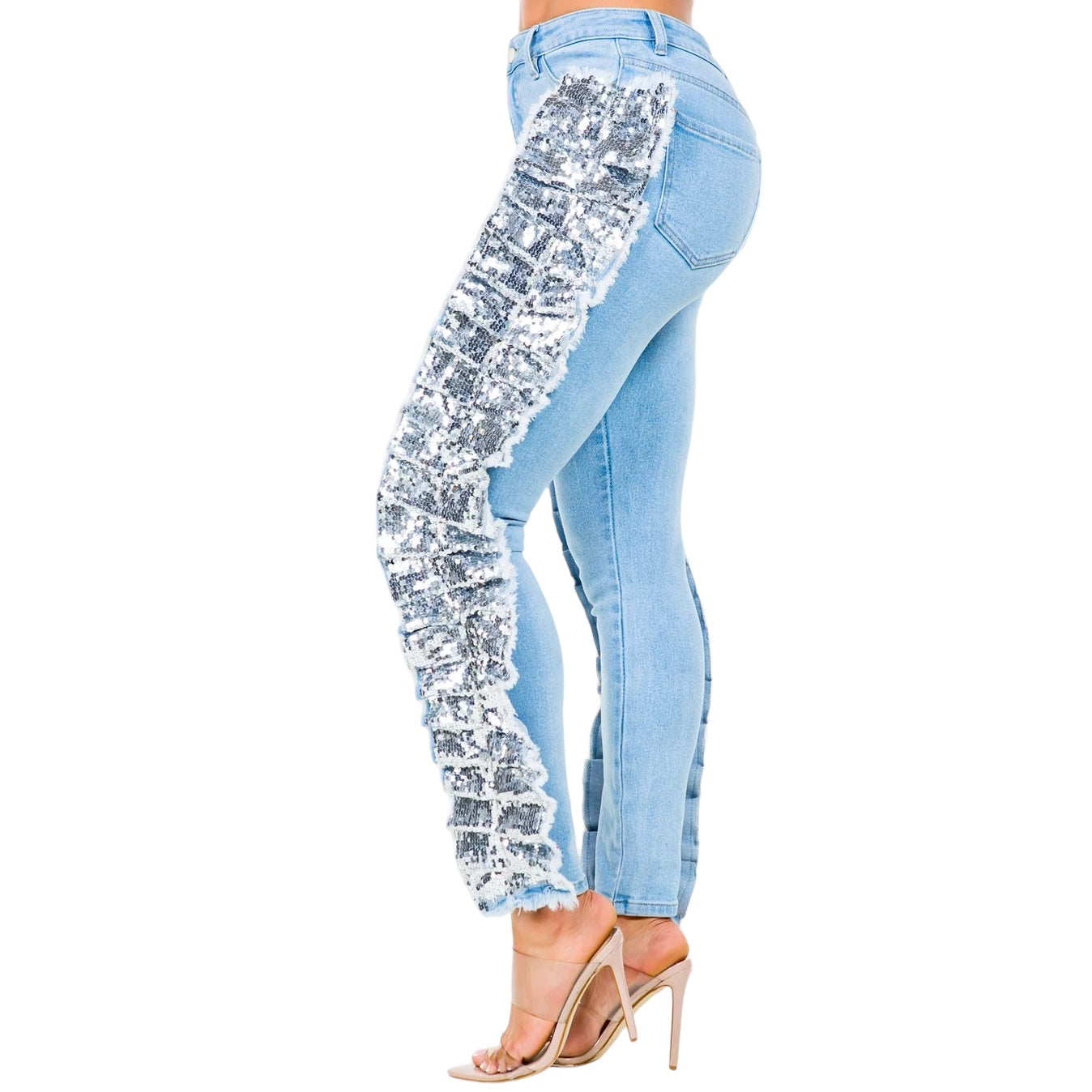 High Waist Sequin Fringed Patch Skinny Jeans The House of Stylez