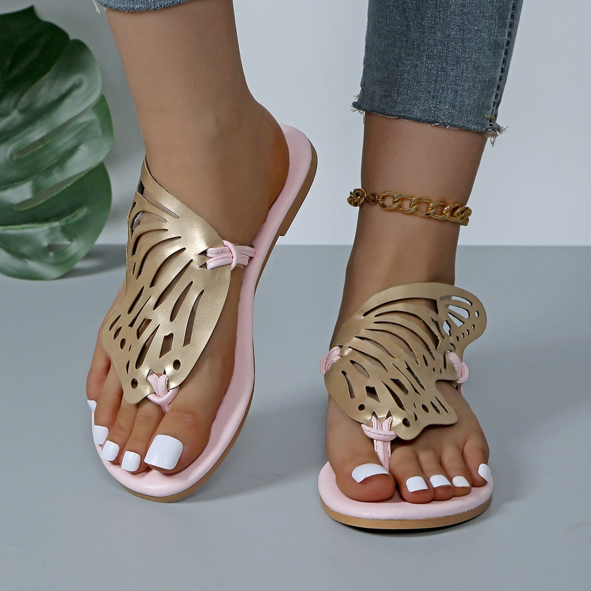 Women's Butterfly Cutout Flat Sandals | PU Open-Toe Slide Slippers Sarah Express