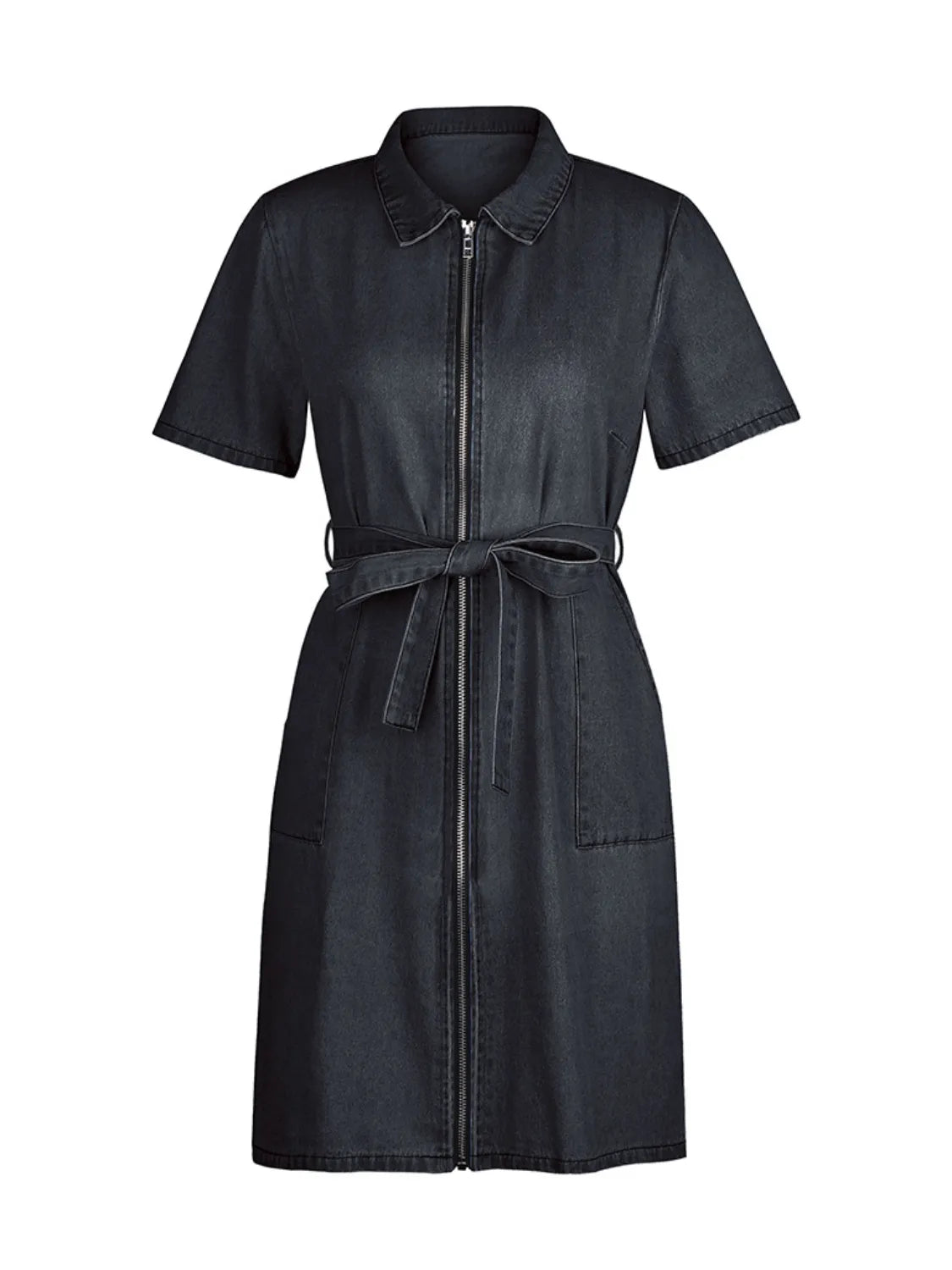 Full Size Zip Front Short Sleeve Denim Dress Plus Size Selvanelle
