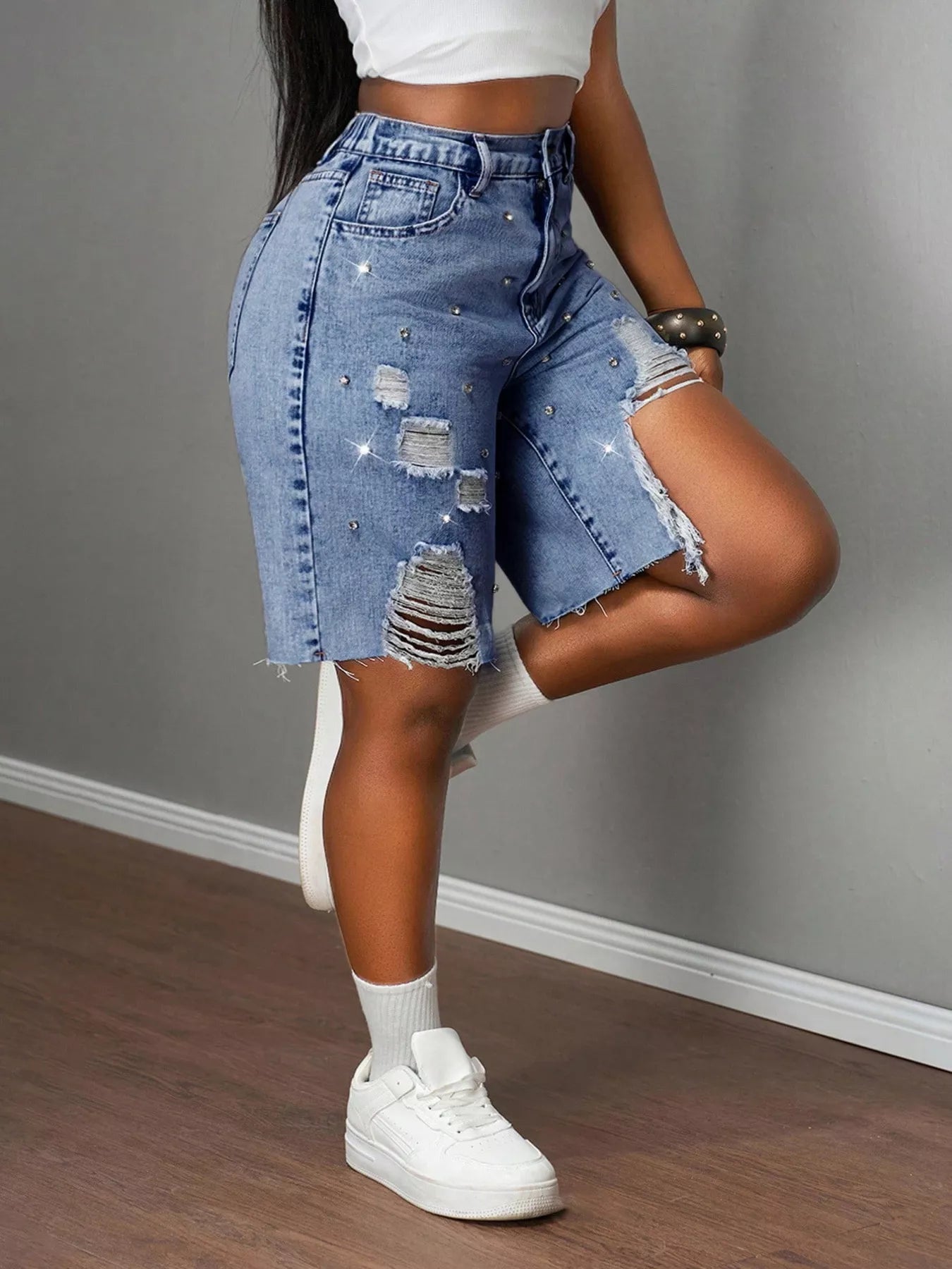 Distressed Rhinestone Denim Shorts Shopimist
