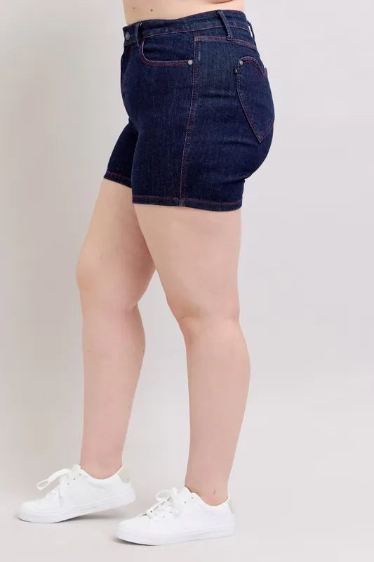 Judy Blue Full Size High Waist Heart Shaped Pkts & Red Contrast Thread Denim Shorts Plus Size Coco’s Tee Boutique