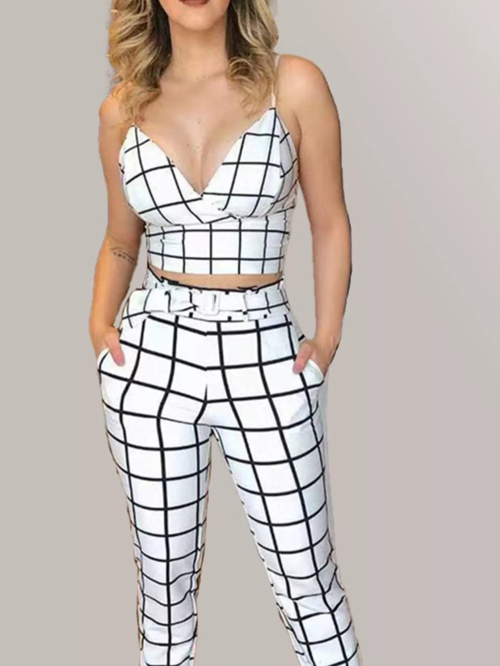 Grid Print Crop Top and Pants Set Shopimist