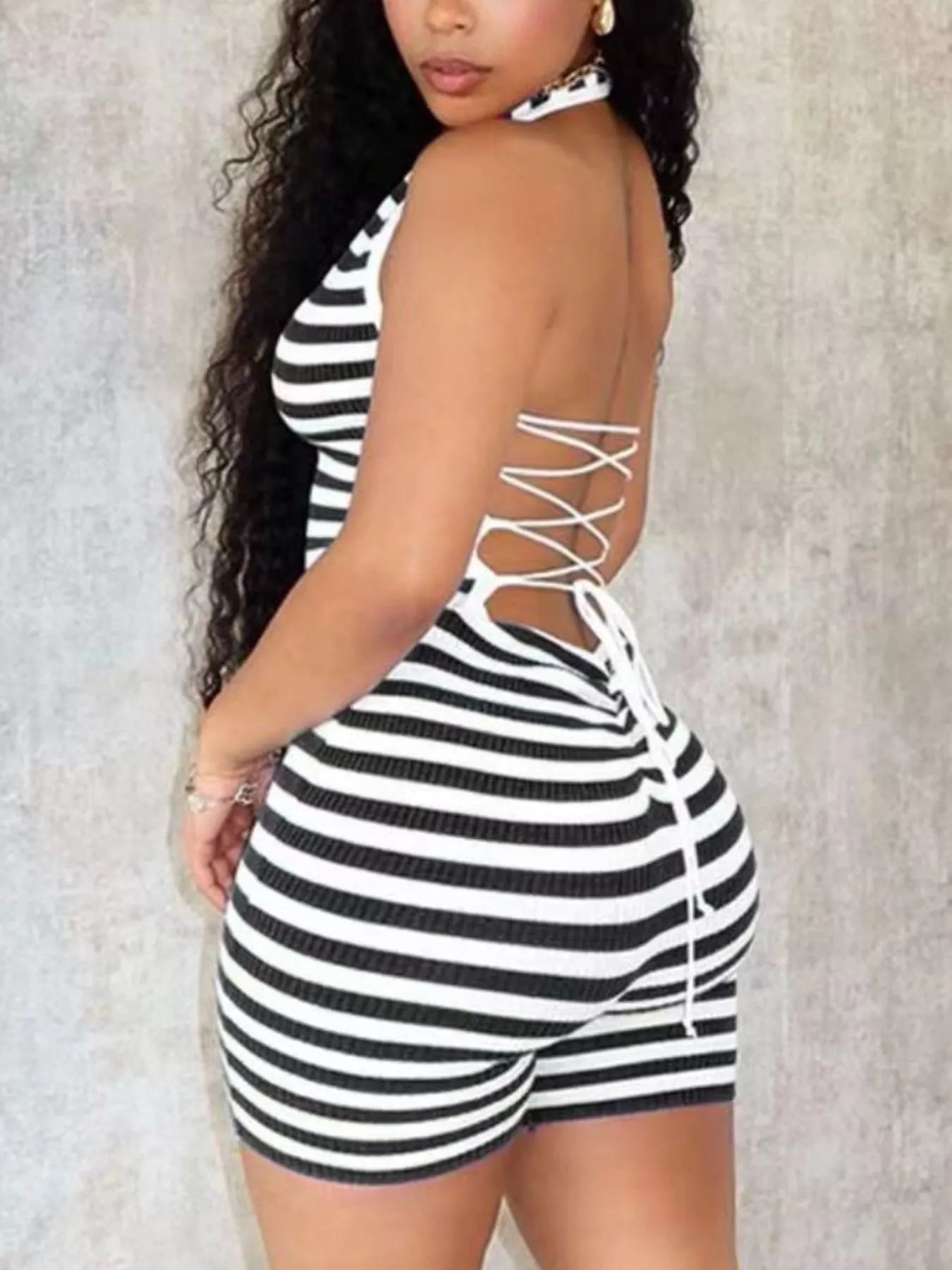 Striped Halter Neck Romper Shopimist