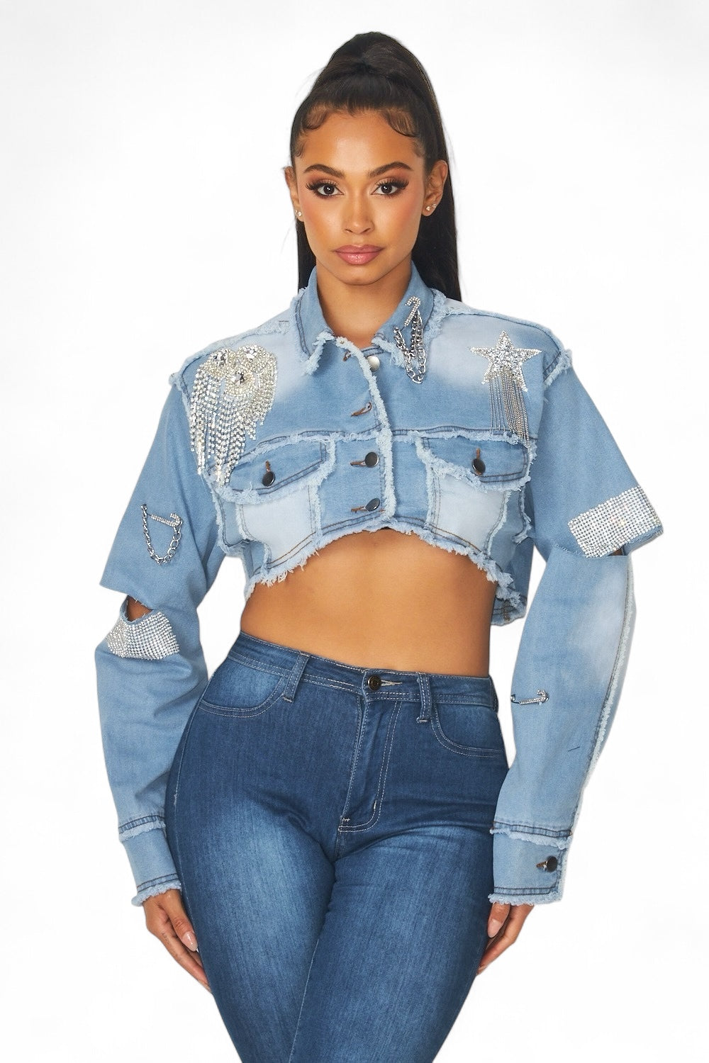 Medley Rhinestone Detail Crop Denim Jean Jacket The House of Stylez