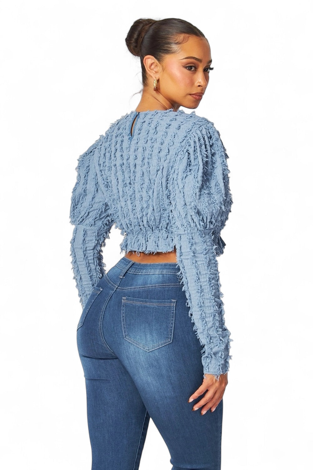 Alexandria Puff Long Sleeve Shaggy Peplum Crop Top The House of Stylez