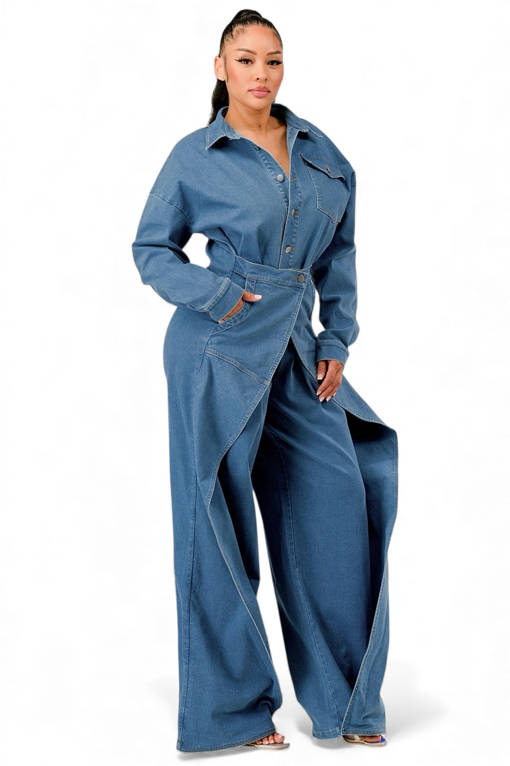 Denim Draped Wide-Leg Jumpsuit The House of Stylez