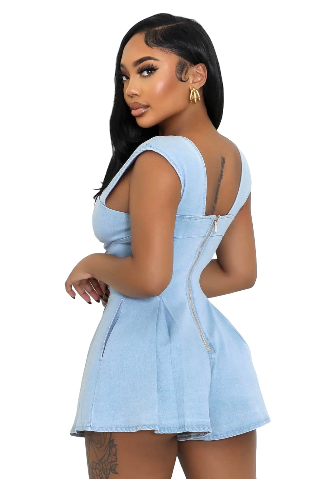 Denim Cut Out Lace Up Romper The House of Stylez