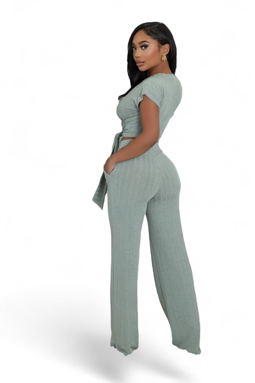 Cropped Belted Top Wide Leg Bottom 2 Piece Set {Tall Girl Friendly} The House of Stylez