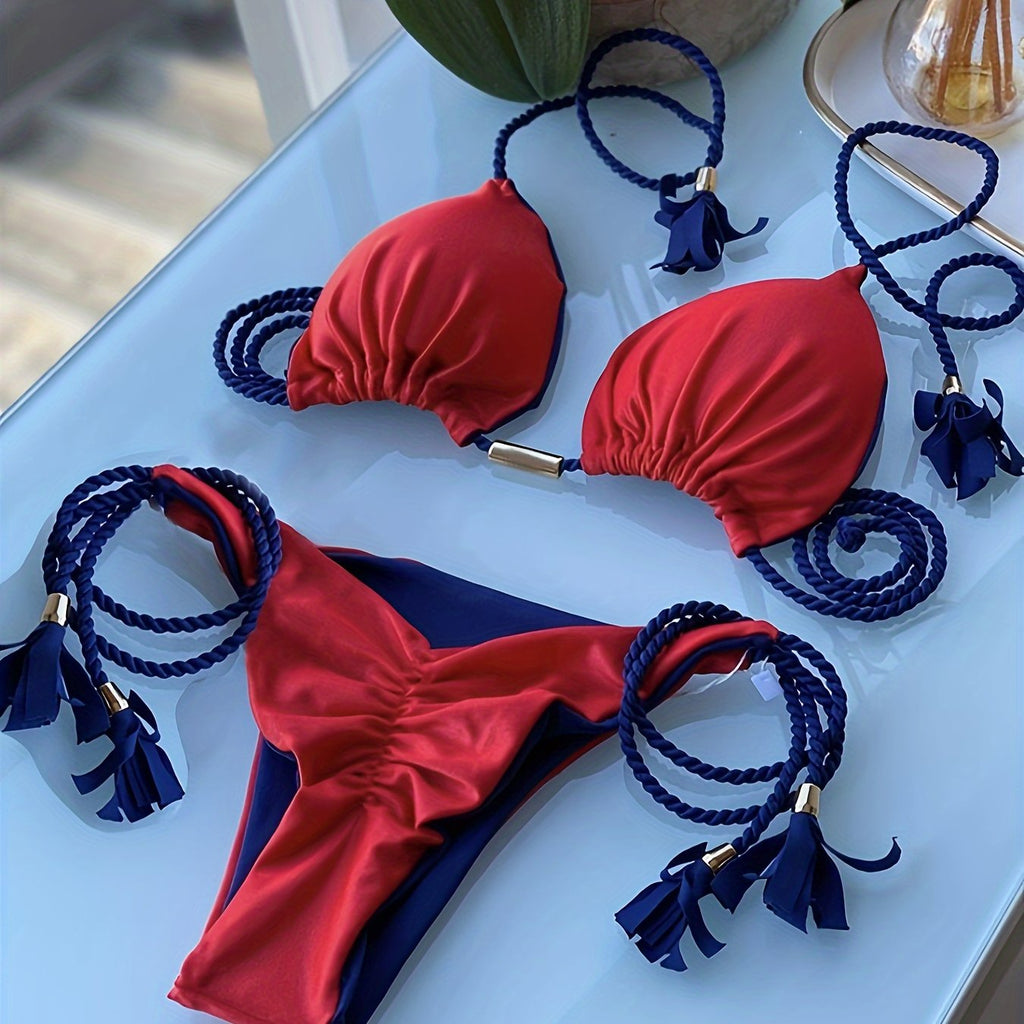 New Festival Flame Halter Bikini Set for Women – Triangle V-Neck Backless Two-Piece Swimsuit with Tie Side Bottoms & Adjustable Lace-Up Fit – Sleek Polyamide Swimwear for Koningsdag/King’s Day & Summer Beach Celebrations Stevvex