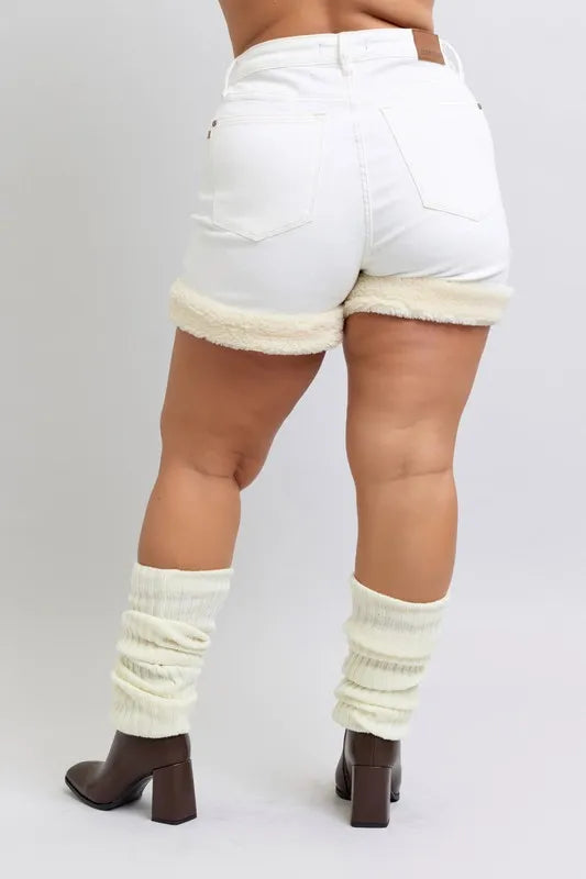 Judy Blue Full Size High Waist Shearling Cuff Denim Shorts Plus Size Selvanelle