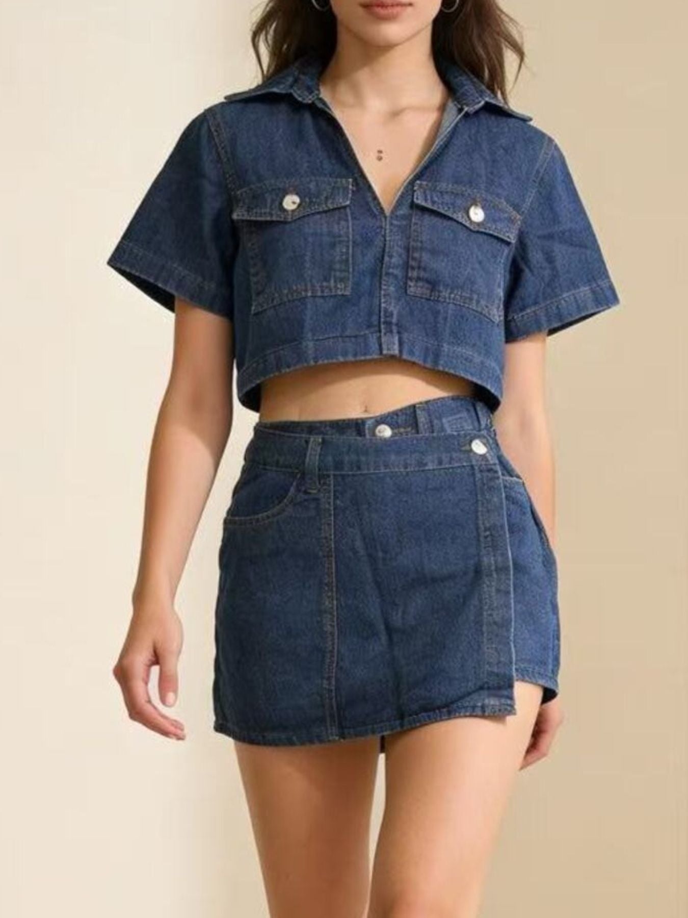 Short Sleeve Cropped Top and Skort Denim Set Wild and Free Boutique