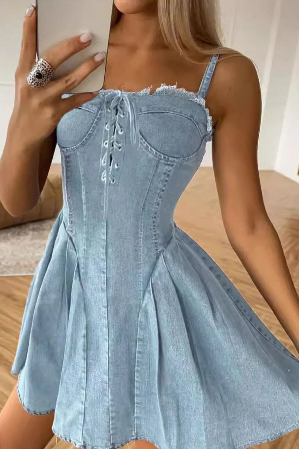 Lace Up Denim Cami Dress Creative Chaos Boutique