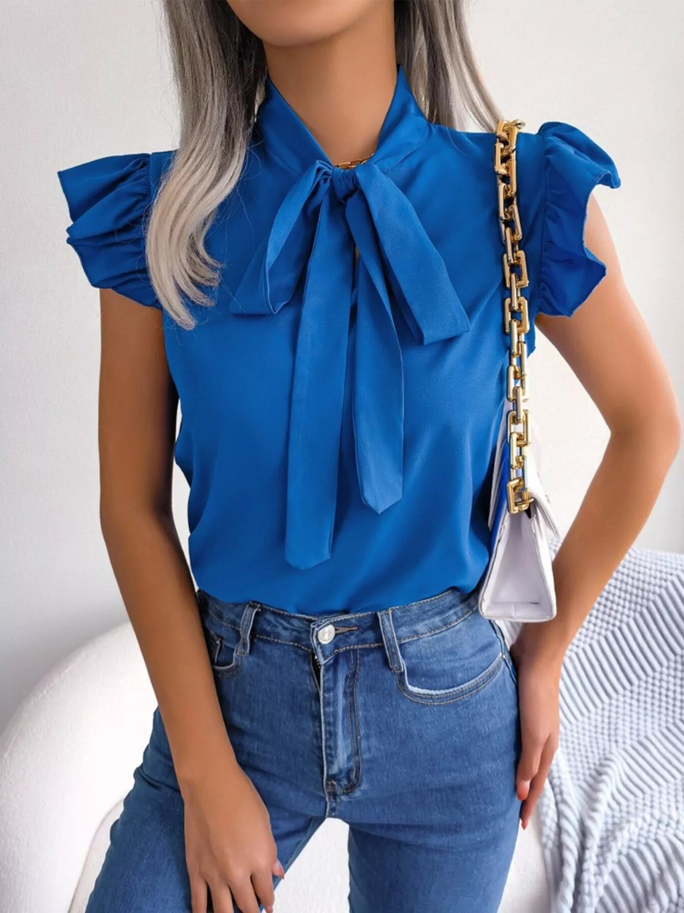 Bow Tie Ruffle Sleeve Blouse Berry Charmz