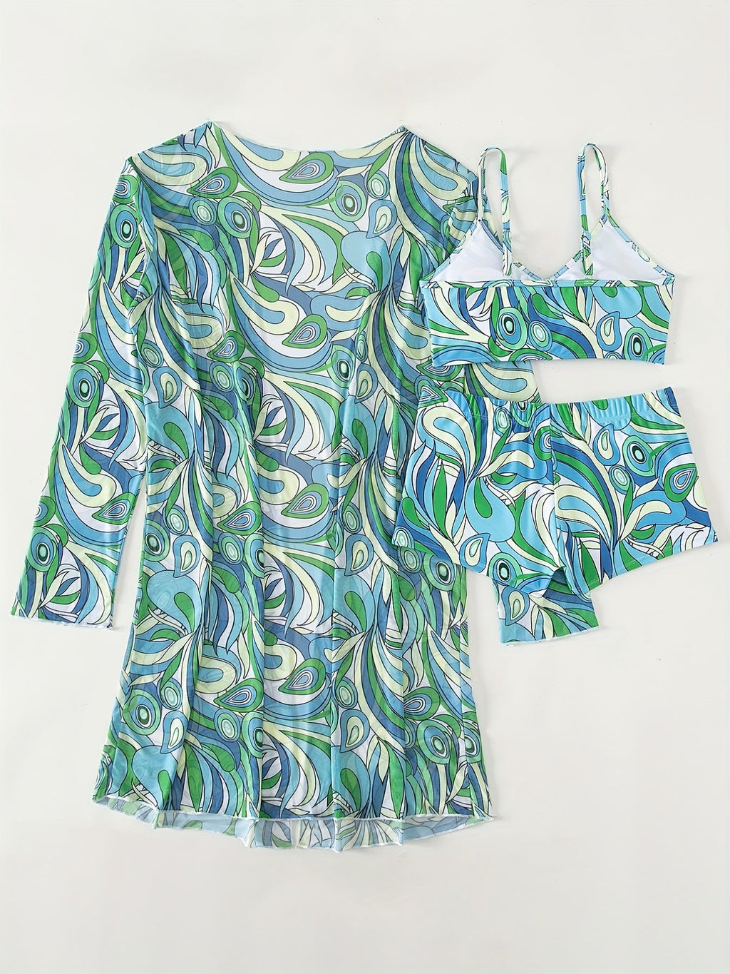 Modern Geo 3-Piece Bikini Set – Vibrant Geometric Print Fluttering Swimwear with V-Neck Top Boxer Shorts Bottoms and Long Sleeve Cover Shirt – Comfortable High-Stretch Women’s Beachwear for Pool & Summer Vacations Stevvex