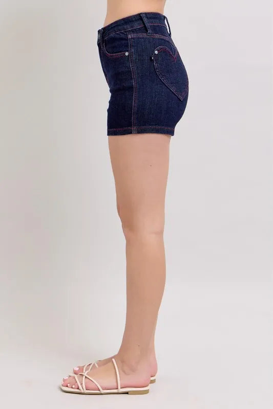 Judy Blue Full Size High Waist Heart Shaped Pkts & Red Contrast Thread Denim Shorts Plus Size Coco’s Tee Boutique