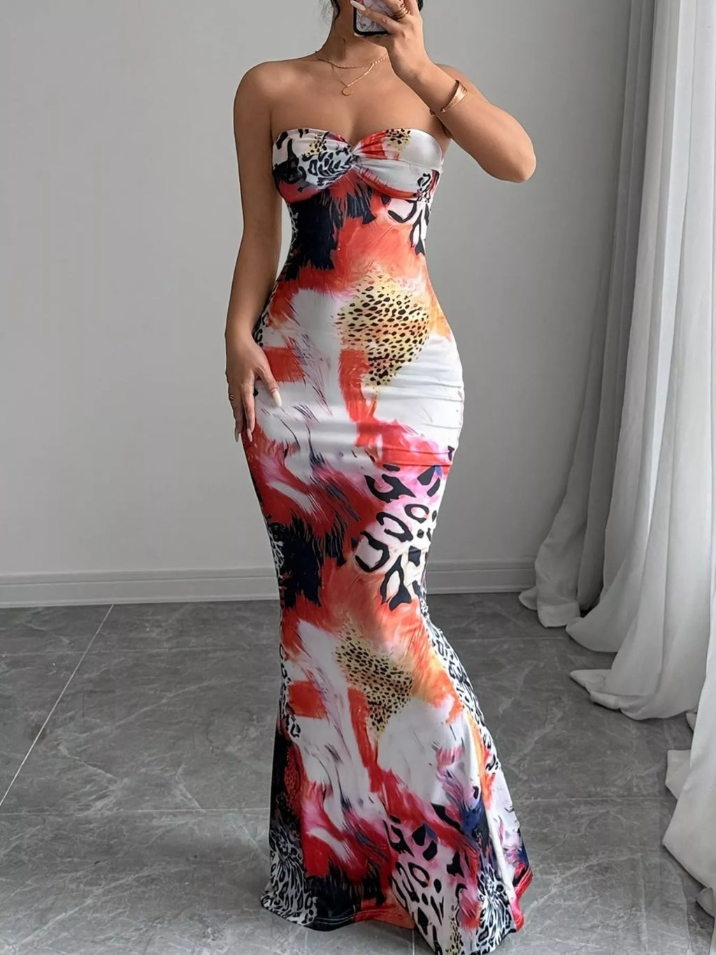 Abstract Print Bodycon Sweetheart Neck Tube Maxi Dress Shopimist