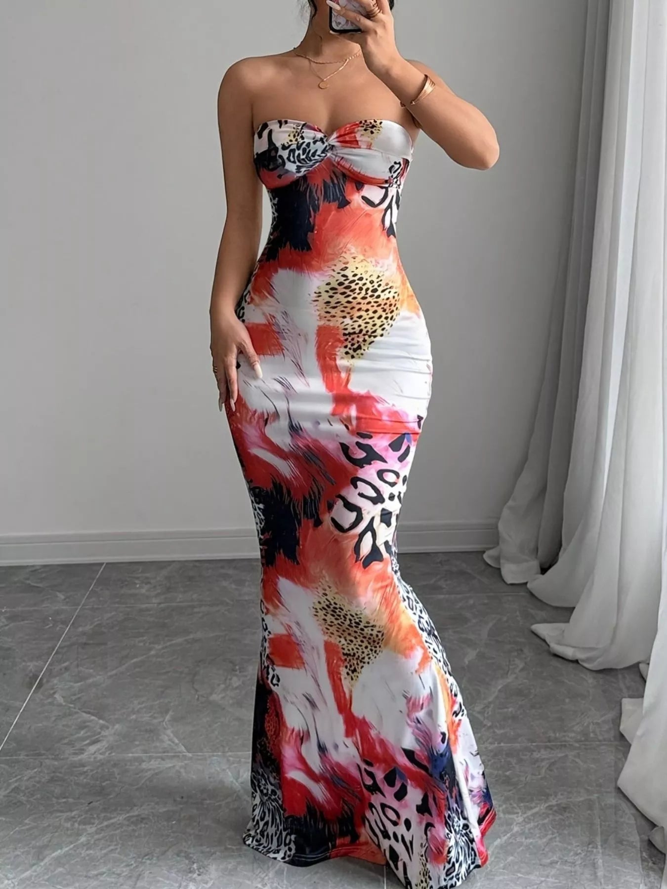 Abstract Print Bodycon Sweetheart Neck Tube Maxi Dress Shopimist