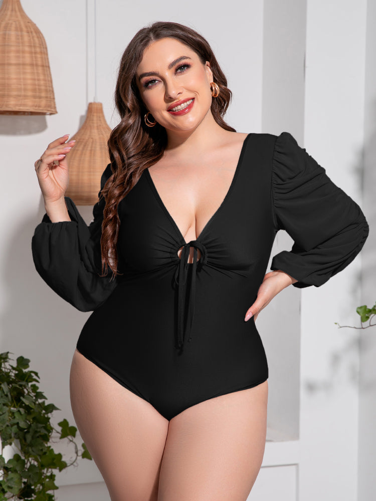 Plus Size Tied Deep V Balloon Sleeve One-Piece Swimsuit VYSN