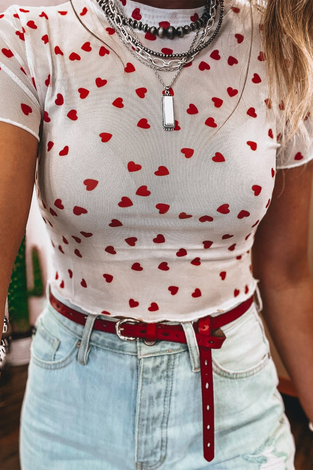 Sheer Heart Print Fitted Top Shopimist