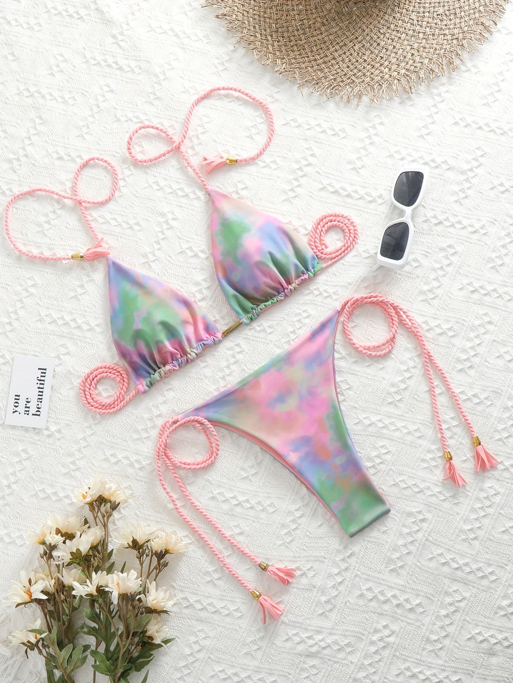 New Festival Flame Halter Bikini Set for Women – Triangle V-Neck Backless Two-Piece Swimsuit with Tie Side Bottoms & Adjustable Lace-Up Fit – Sleek Polyamide Swimwear for Koningsdag/King’s Day & Summer Beach Celebrations Stevvex